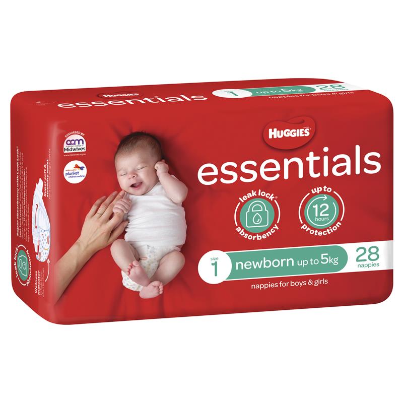 Huggies Essentials Nappy Size 1 Newborn 28pk