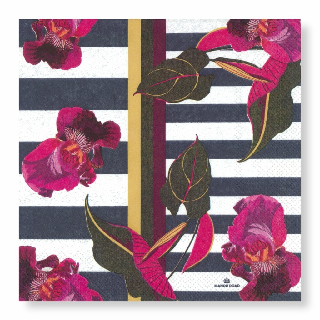 Orchids On Stripes Napkins Cocktail 20pk