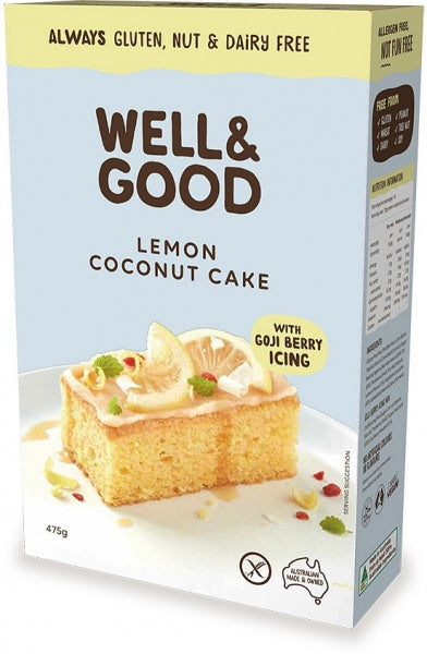 Well & Good Gluten Free Lemon & Coconut Cake Mix with Goji Icing 475g