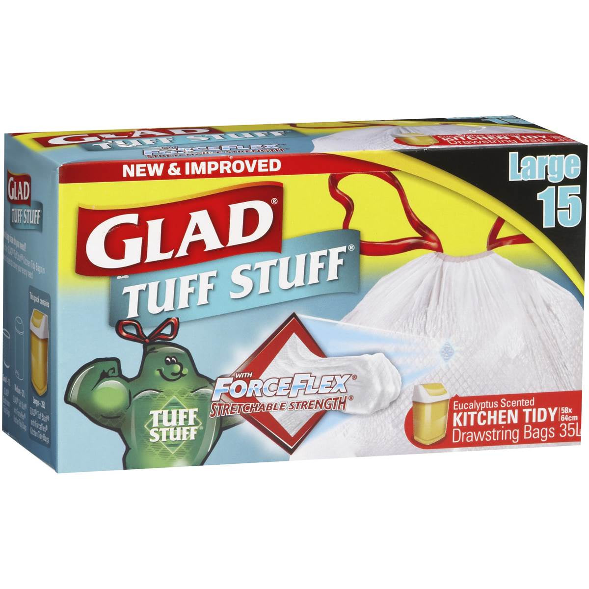 Glad Kitchen Tidy Bag Tuff Stuff Drawstring Large 15 Pack